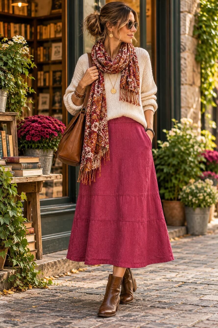 FLAX 100% Linen Herringbone Tiered Skirt L Raspberry Lagenlook Granola Bohemian